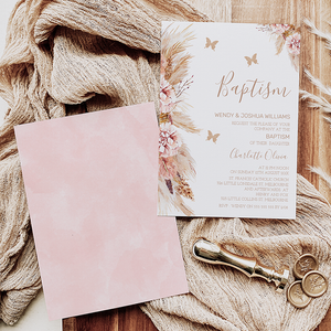 Pink Boho Floral And Butterflies Baptism Invitation