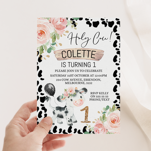Holy Cow Floral And Cow Print 1st Birthday Invitation