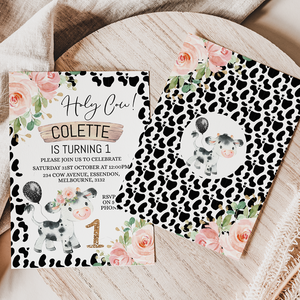 Holy Cow Floral And Cow Print 1st Birthday Invitation
