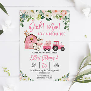 Pink Floral Barn Tractor Farm Birthday Invitation