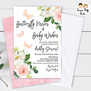 Girl's Blush Floral Butterfly Kisses Baby Shower Invitation
