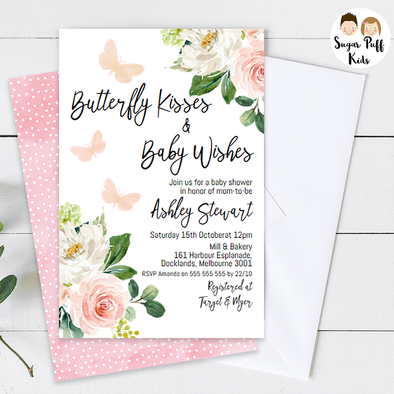 Girl's Blush Floral Butterfly Kisses Baby Shower Invitation