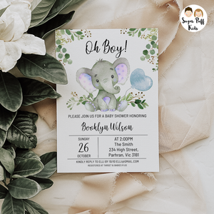 Boys Elephant Eucalyptus Foliage Baby Shower Invitation