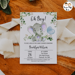 Boys Elephant Eucalyptus Foliage Baby Shower Invitation