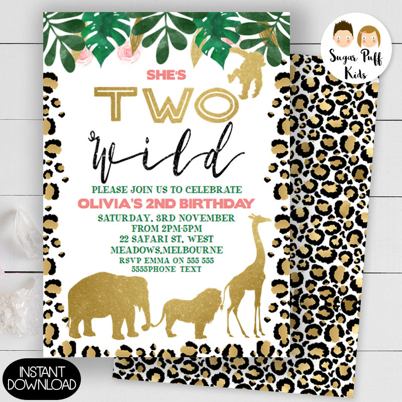 Girl's Safari Two Wild Birthday Invitation - Printable