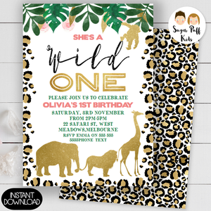Girl's Leopard Skin Wild One Safari Animals Birthday Invitation