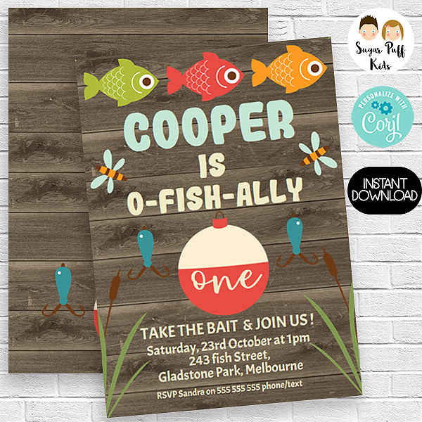 Fishing Birthday Invitation, Fish Theme birthday, Editable Boy Birthday  template, take the Bait, Fish Invite, Instant Access