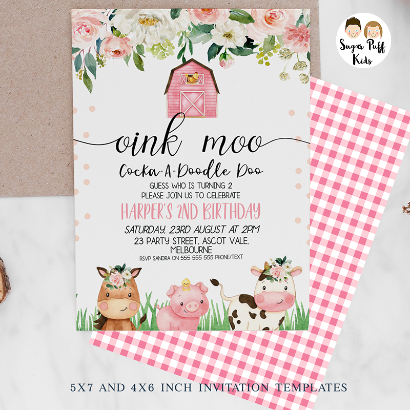 Girls Pink Farmyard Birthday Invite