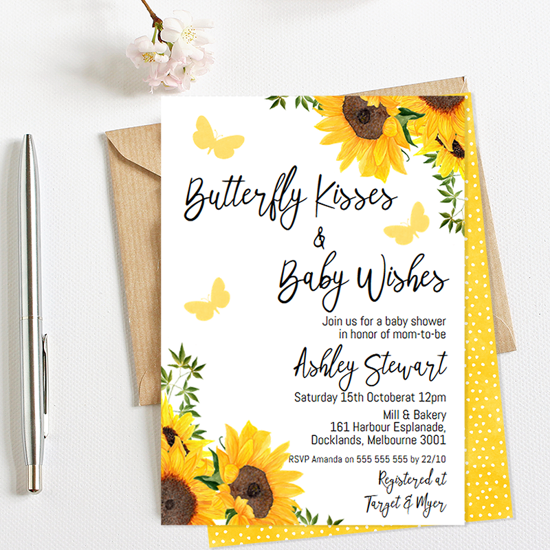 Modern Sunflower Butterfly Baby Shower Invitation