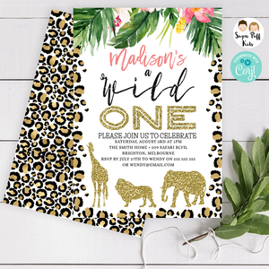 Girl's Tropical Safari Wild One Birthday Invitation - Printable