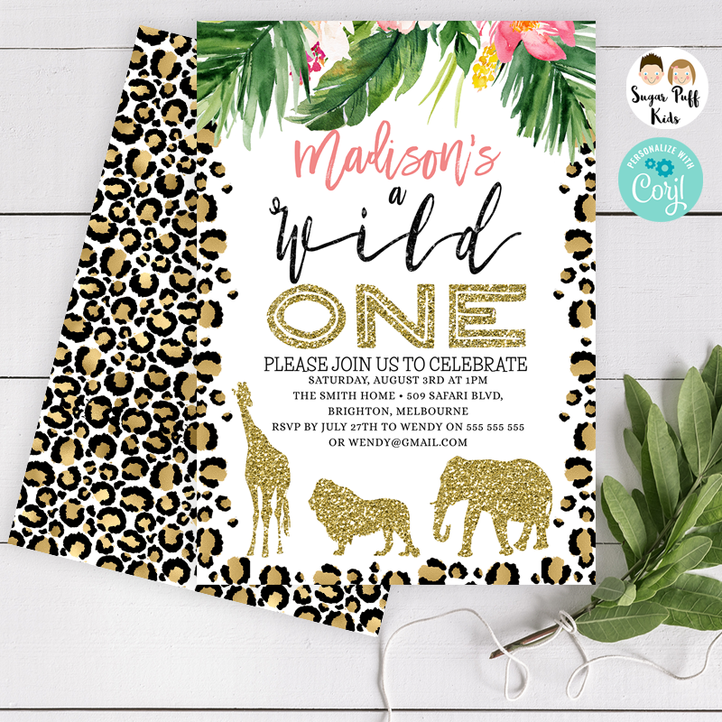 Girl's Tropical Safari Wild One Birthday Invitation - Printable